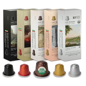 Cafe Romano offers organic coffee capsules in five varieties: Ristretto (black, intensity 10/10), Intenso (red, intensity 9/10), Vellutato (brown, intensity 8/10), Roma Eterna (gold, intensity 8/10), and Lungo Tevere (silver, intensity 4/10). Each box contains 10 capsules.