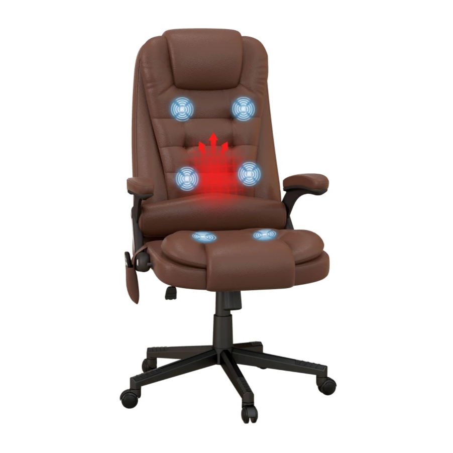 A brown massage office chair with visible heat and vibration features distributed across the back, seat, and leg areas.