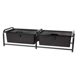 A metal two-drawer storage organizer with a black finish and rounded frame edges, suitable for desktop or shelf use.