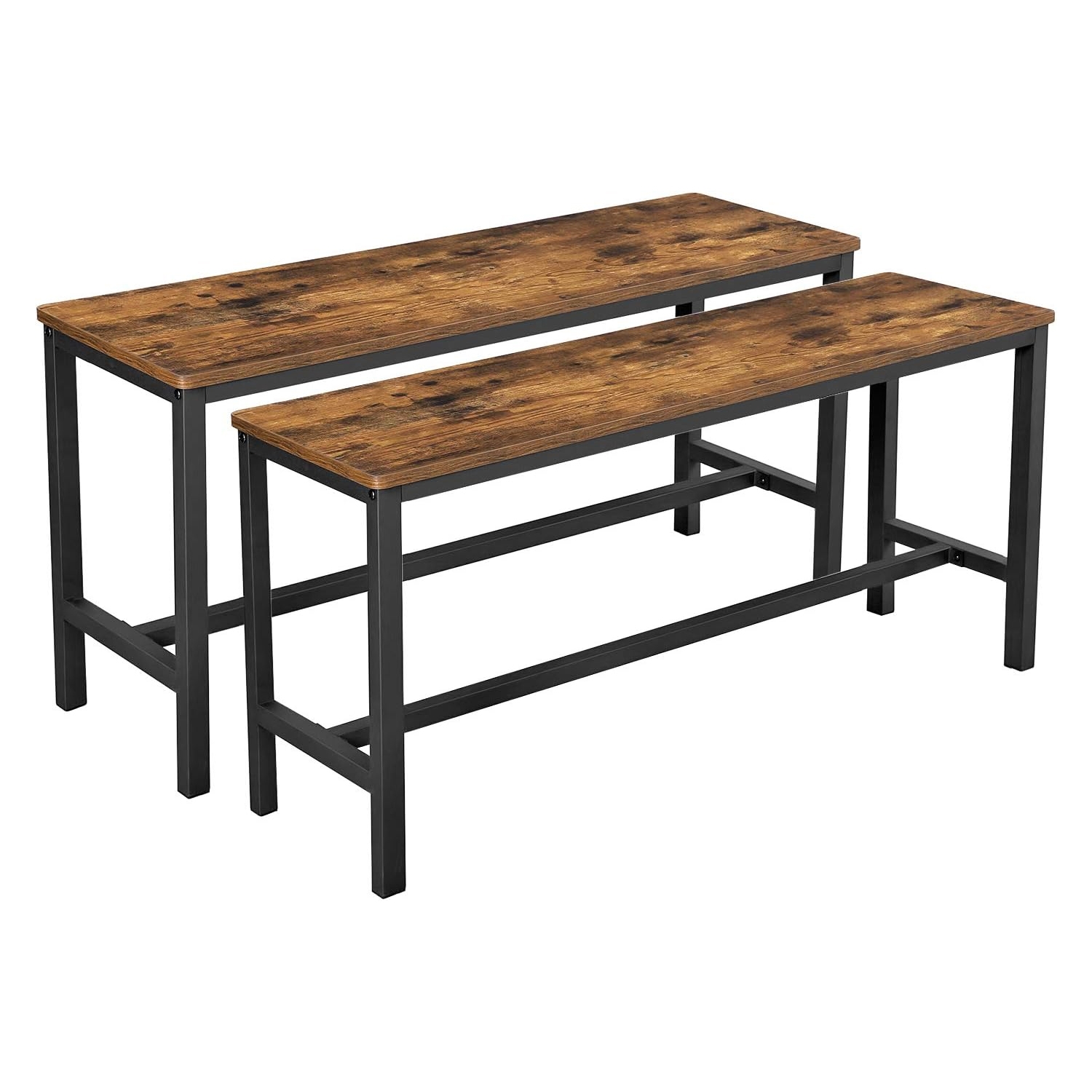 Two wooden benches with a rustic finish and black metal frames, suitable for dining or entryway seating.