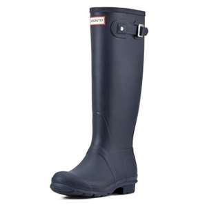 A tall navy-blue rubber rain boot with a buckle detail, featuring the \“Hunter\“ logo on top.