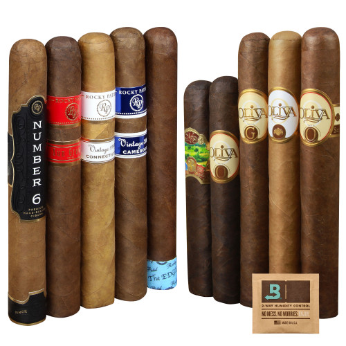 A selection of cigars with various colorful bands, including brands like Rocky Patel and Oliva, alongside a humidity control pack.