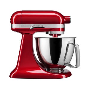 Red stand mixer with a stainless steel mixing bowl and handle. Speed settings are visible on the side.