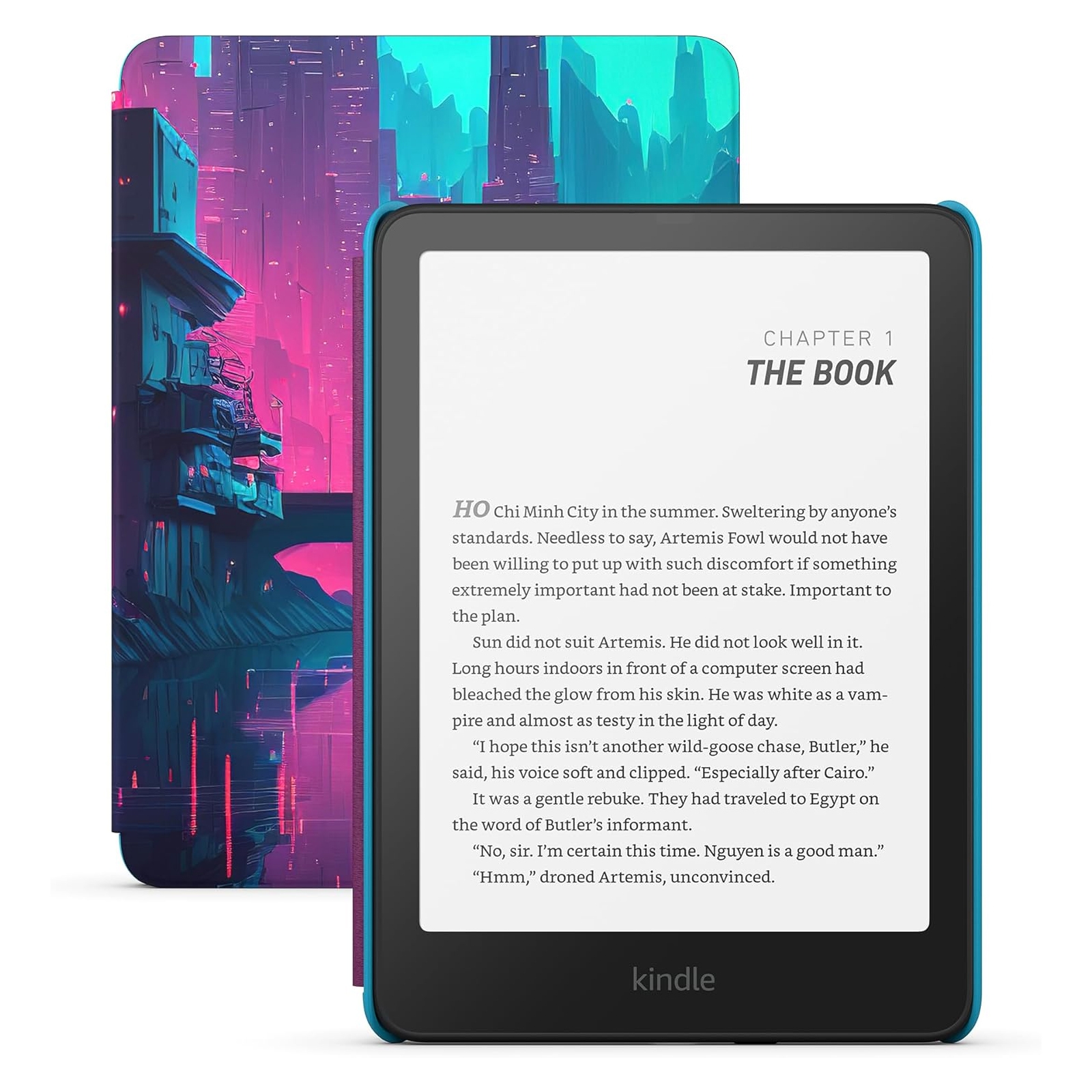 Amazon Kindle Paperwhite Kids features a colorful case with a futuristic city design and displays text from \“Artemis Fowl\“. Designed for children, it offers a kid-friendly reading experience with customizable features.