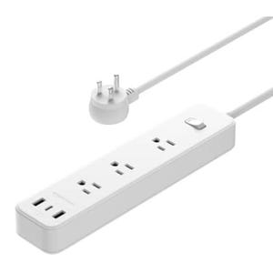 A white power strip with three outlets and two USB ports, featuring a flat plug and an on/off switch.