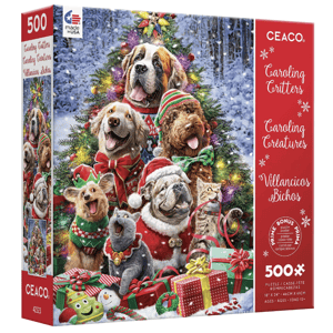 Ceaco 500-piece puzzle titled \“Caroling Critters\“ features festive dogs and a cat in holiday attire with gifts and a Christmas tree background. Vintage holiday theme, 18” x 24”.