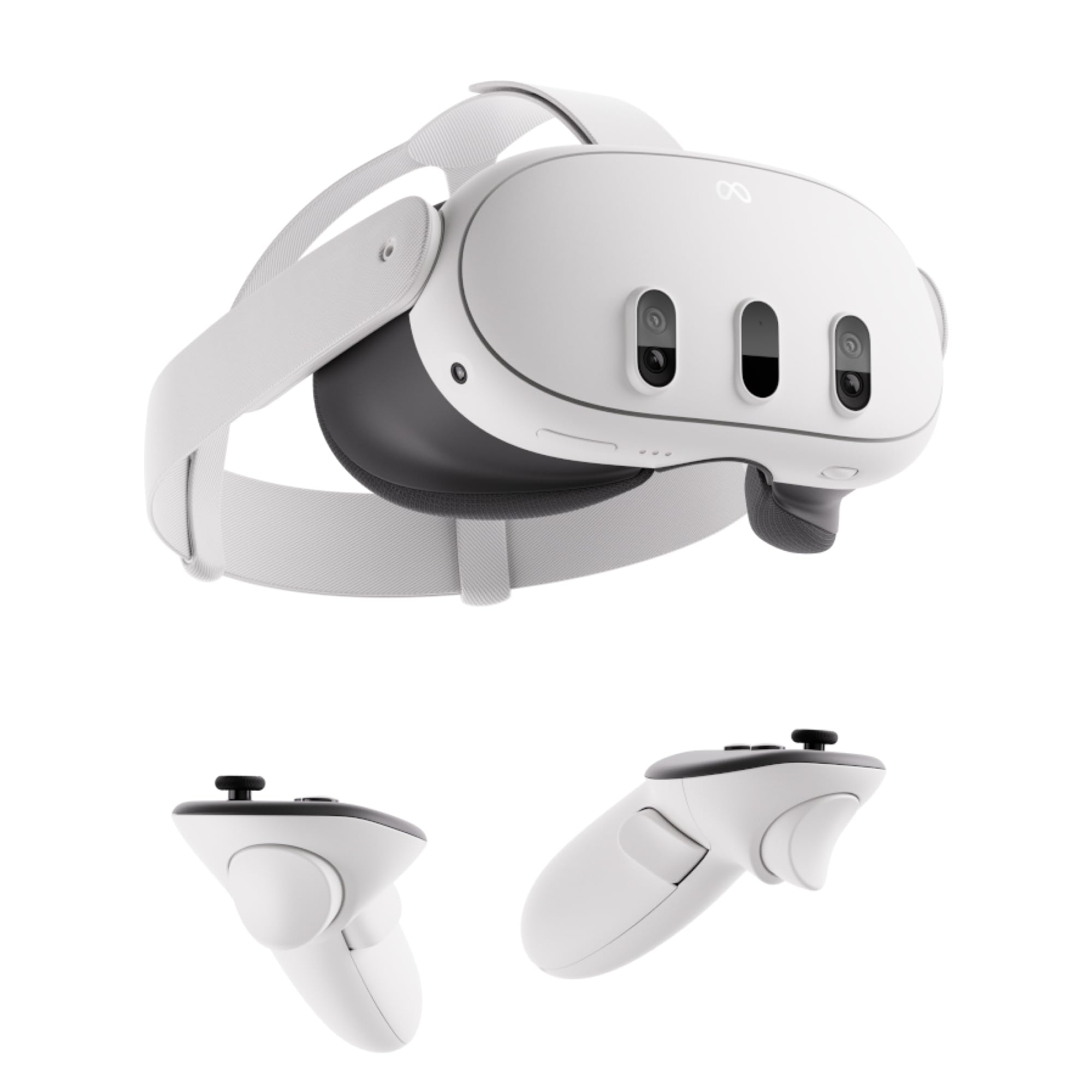 Meta Quest 3S VR headset features a sleek, white design with three front-facing cameras and two ergonomic controllers, designed for immersive virtual experiences.