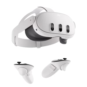 Meta Quest 3S VR headset features a sleek, white design with three front-facing cameras and two ergonomic controllers, designed for immersive virtual experiences.