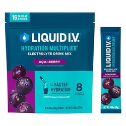 Liquid I.V. Hydration Multiplier is an electrolyte drink mix, Acai Berry flavor, with 16 on-the-go sticks per package. It promotes faster hydration with 8 vitamins and nutrients, designed for added hydration benefits beyond water alone.