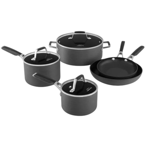 A set of non-stick cookware including two saucepans with lids, a stockpot with a lid, and two frying pans. The pieces feature dark exteriors with silver handles and black interiors.