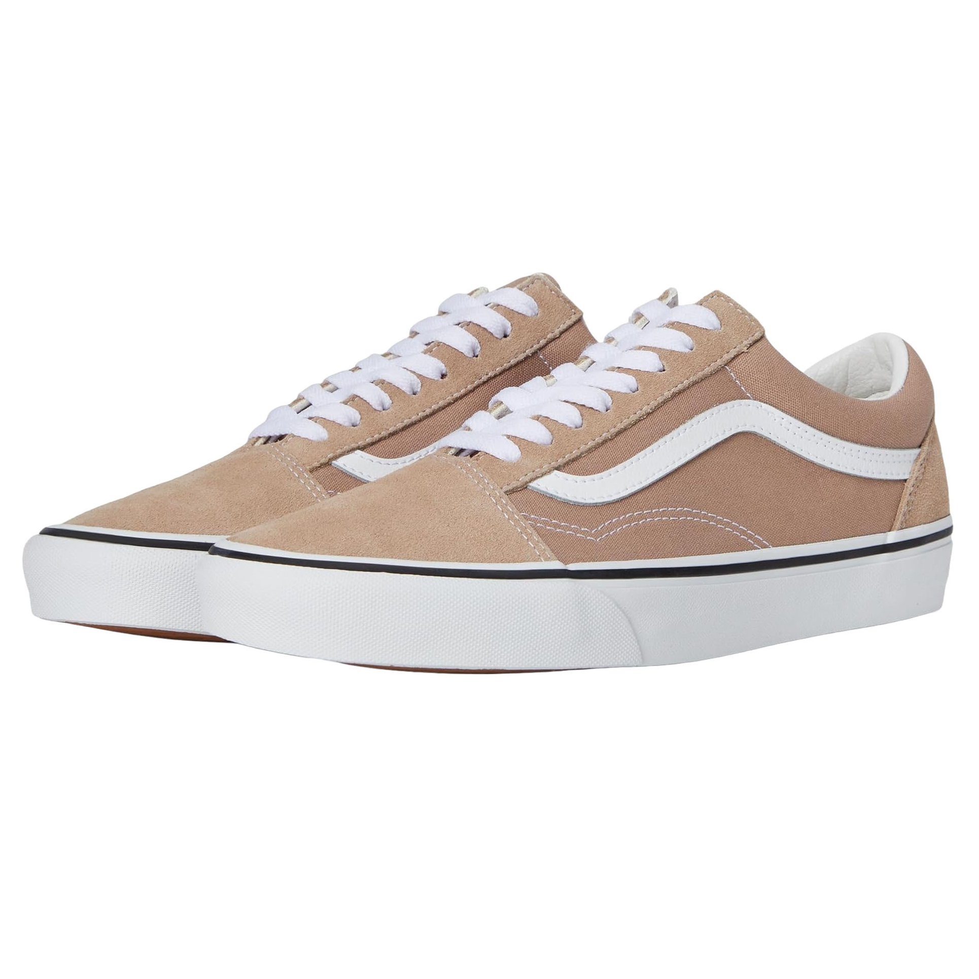 Beige low-top sneakers with white laces, rubber soles, and a distinctive white side stripe.