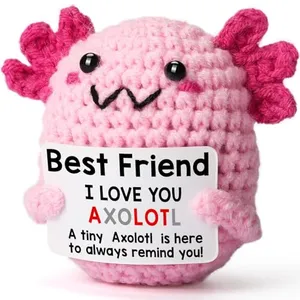 A pink crocheted axolotl plush holds a sign reading, \“Best Friend, I Love You, Axolotl,\“ with smaller text stating, \“A tiny Axolotl is here to always remind you!\“
