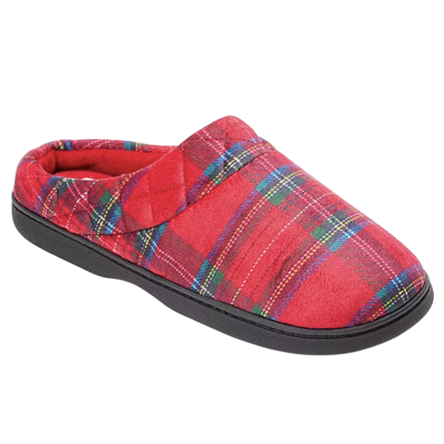 A red plaid slipper featuring a black sole, designed for comfort and casual indoor use.