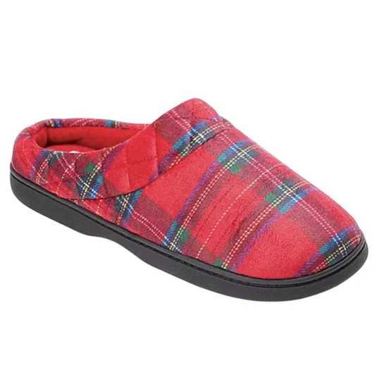 A red plaid slipper featuring a black sole, designed for comfort and casual indoor use.
