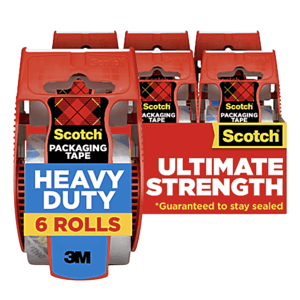 Scotch Heavy Duty Packaging Tape, Ultimate Strength, 6 Rolls, by 3M, with a guarantee to stay sealed.