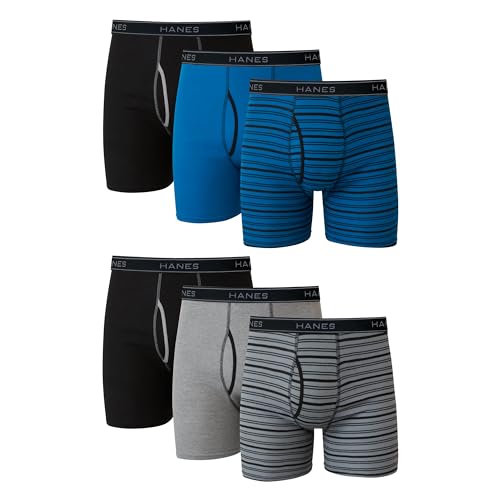 A pack of Hanes men's boxer briefs in various colors and patterns, including solid black, blue, gray, and striped designs.