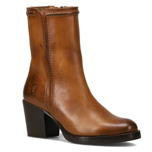 Brown leather ankle boot with a side zipper, featuring a stacked block heel and smooth finish.