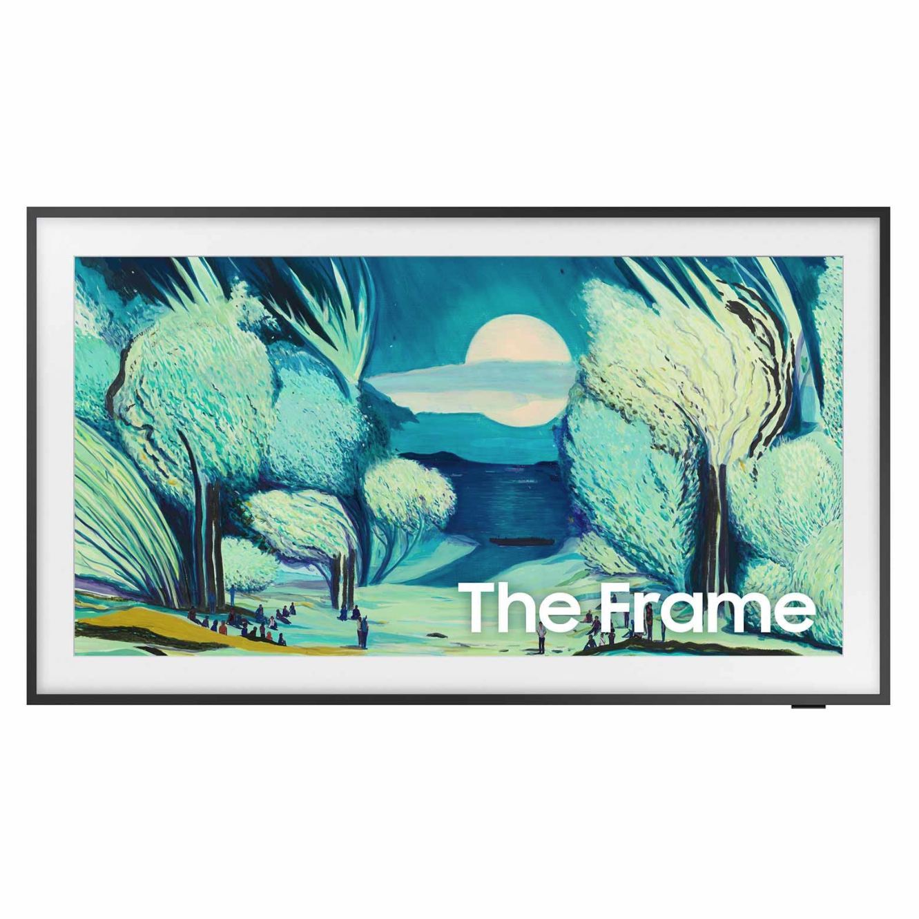 A Samsung The Frame TV displaying art with vibrant blue and green tones depicts abstract trees and a moonlit landscape.