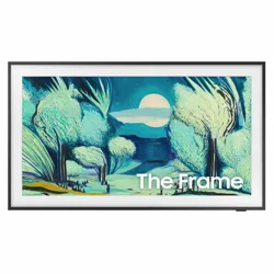 A Samsung The Frame TV displaying art with vibrant blue and green tones depicts abstract trees and a moonlit landscape.