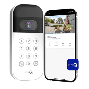 MyQ Video Garage Door Keypad features a camera and numeric keypad for secure access. It pairs with a smartphone app, allowing users to view real-time footage and receive notifications of garage activity.