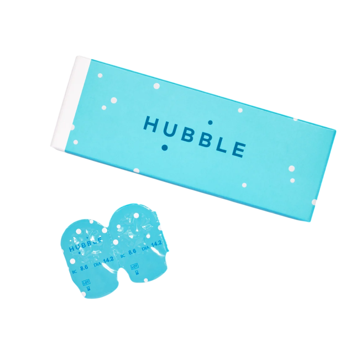Hubble contact lenses in blue packaging with blister packs, labeled with BC 8.6 and DIA 14.2.