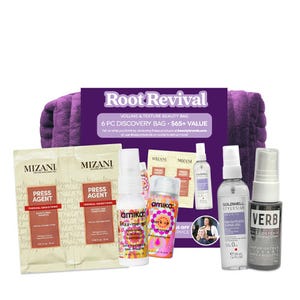 Root Revival Volume & Texture Beauty Bag includes Mizani Press Agent Thermal Smoothing, Amika Perk Up Dry Shampoo, Goldwell Stylesign Creative Texture, and Verb Volume Spray, with a total of six products valued at $65+.