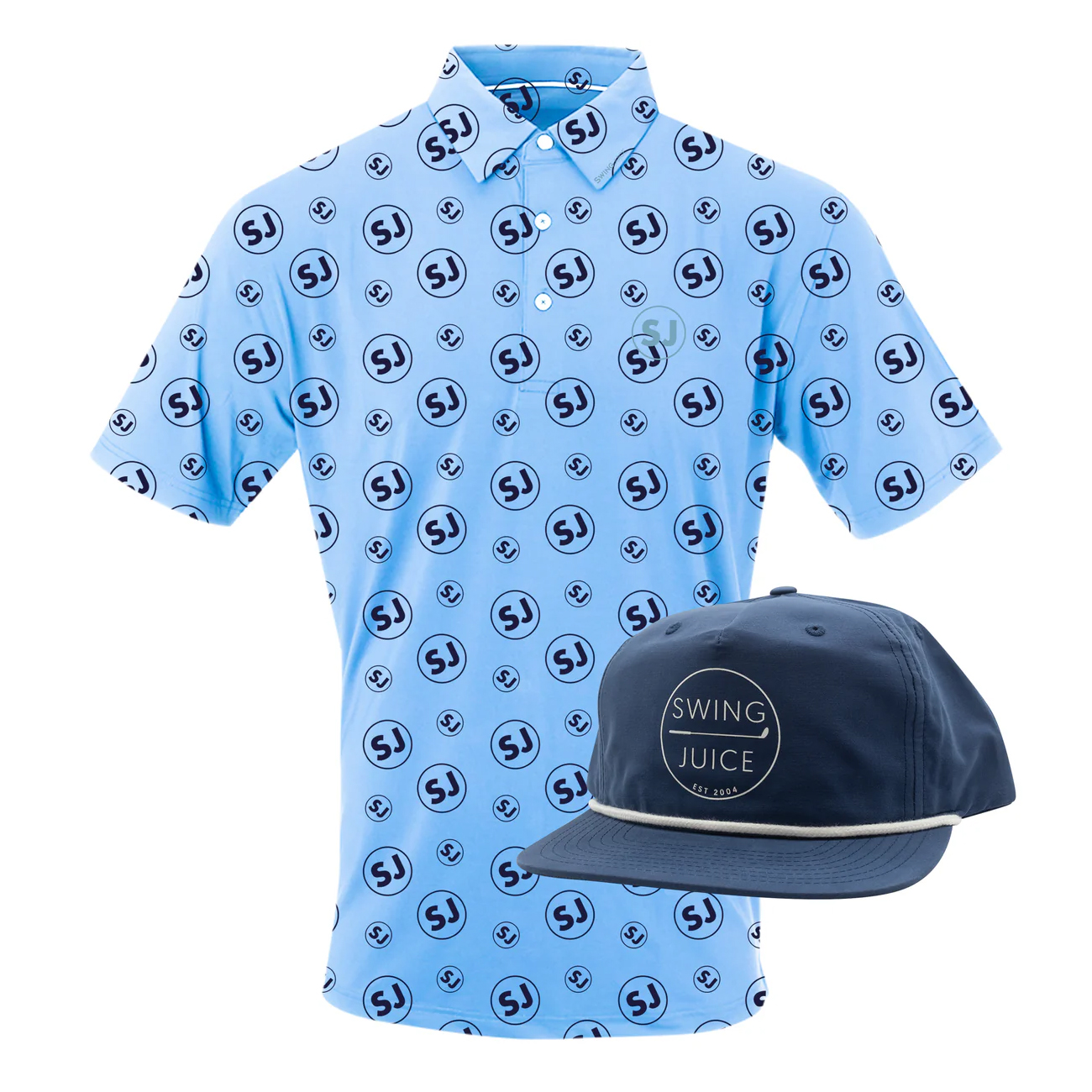 A light blue SwingJuice golf polo features an all-over \“SJ\“ logo pattern. Paired with it is a dark blue cap displaying the SwingJuice logo with the text \“SWING JUICE EST 2004\“ inside a circular design.