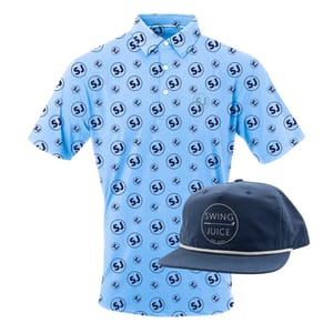 A light blue SwingJuice golf polo features an all-over \“SJ\“ logo pattern. Paired with it is a dark blue cap displaying the SwingJuice logo with the text \“SWING JUICE EST 2004\“ inside a circular design.