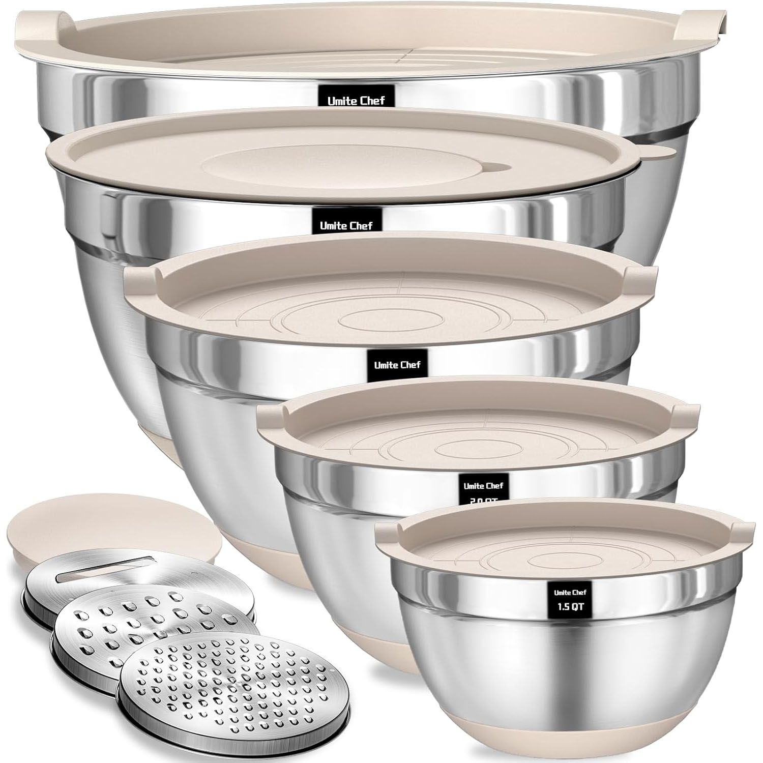 A set of stainless steel mixing bowls with lids, labeled \“Unite Chef,\“ in various sizes, accompanied by several grater attachments.