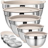 A set of stainless steel mixing bowls with lids, labeled \“Unite Chef,\“ in various sizes, accompanied by several grater attachments.
