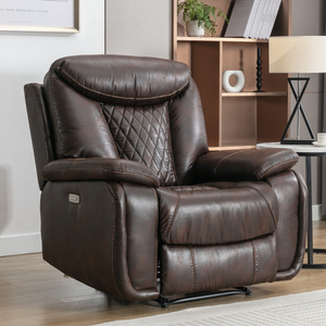 Brown leather recliner with diamond stitching, in a living room setting near a table and lamp.