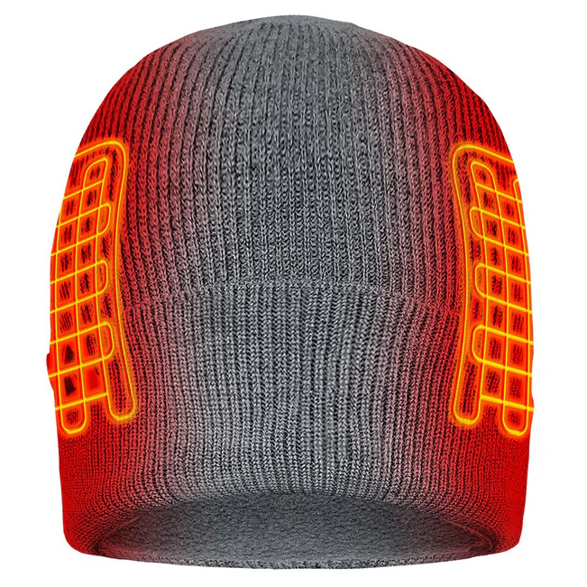 A gray beanie with built-in heating elements, indicated by a glowing red design on both sides.