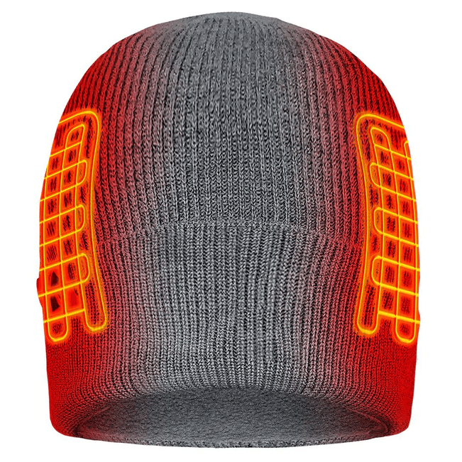 A gray beanie with built-in heating elements, indicated by a glowing red design on both sides.