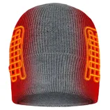 A gray beanie with built-in heating elements, indicated by a glowing red design on both sides.