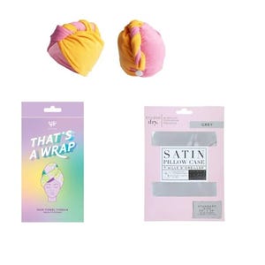 Two hair towel turbans and a grey satin pillowcase in packaging.