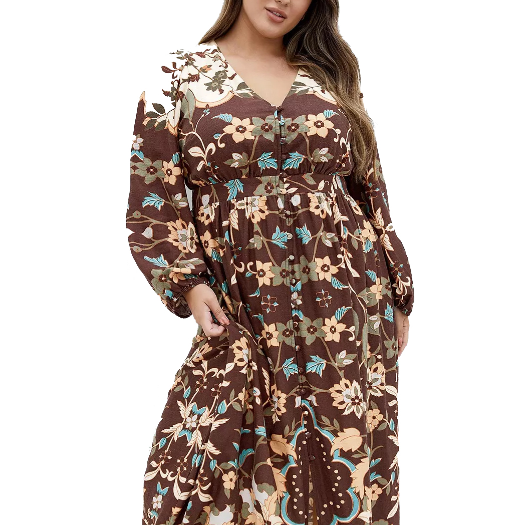 A woman wears a brown floral long-sleeve maxi dress featuring a V-neckline and button details.