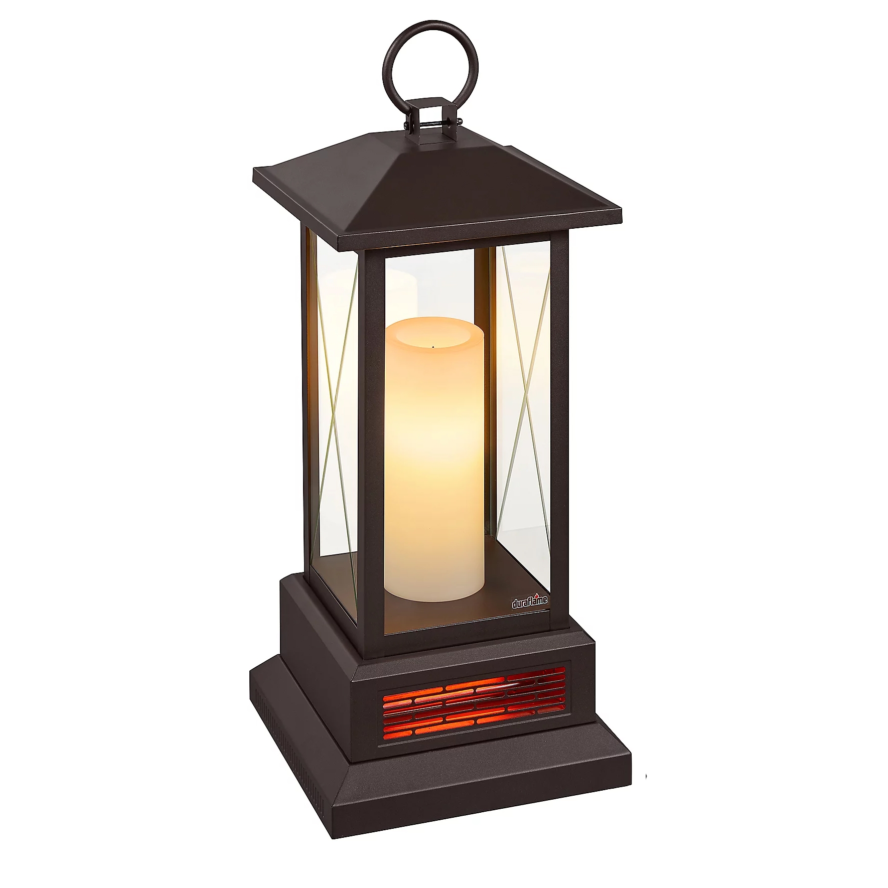 A Duraflame 28-inch Lantern Heater with a classic design, featuring a top loop, clear glass panels, and a faux candle inside, as well as a heating element at the base.