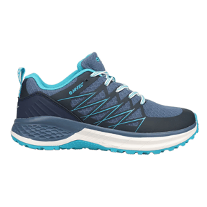A blue and teal athletic shoe from Hi-Tec with a mesh upper, cushioned sole, and patterned laces.