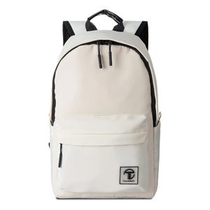 A beige backpack with black zippers and a front pocket, featuring a logo that reads \“TALMONT\“ on the lower front.