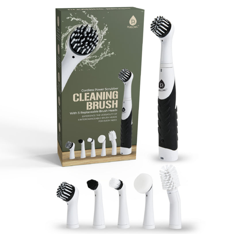 Cordless power scrubber with five interchangeable brush heads designed for versatile cleaning tasks. Packaged alongside the scrubber, each brush head varies in shape and bristle type, catering to different cleaning needs.