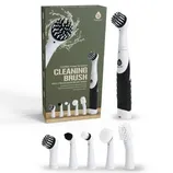 Cordless power scrubber with five interchangeable brush heads designed for versatile cleaning tasks. Packaged alongside the scrubber, each brush head varies in shape and bristle type, catering to different cleaning needs.