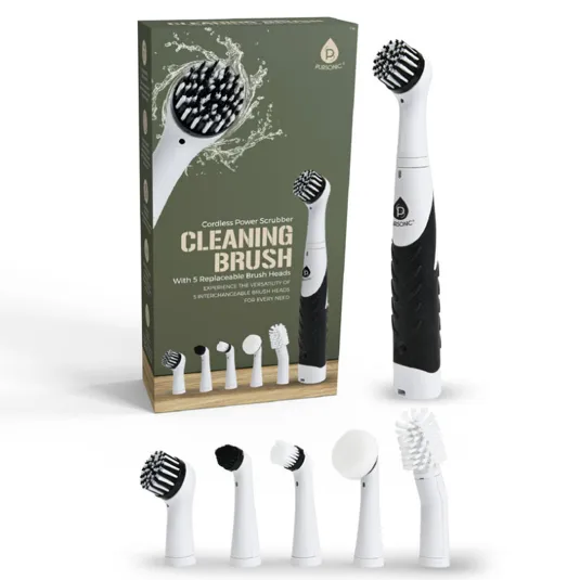 Cordless power scrubber with five interchangeable brush heads designed for versatile cleaning tasks. Packaged alongside the scrubber, each brush head varies in shape and bristle type, catering to different cleaning needs.