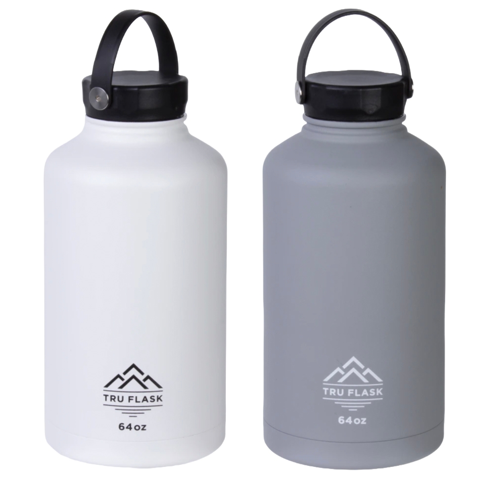 Two insulated water bottles, one white and one gray, each with a 64-ounce capacity and marked with the \“TRU FLASK\“ logo.