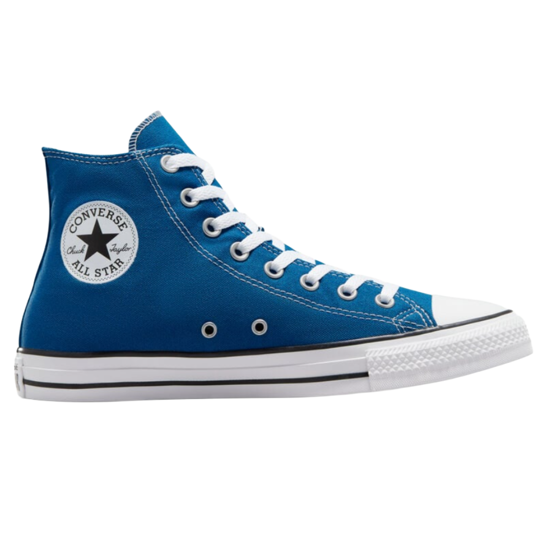 Blue high-top Converse Chuck Taylor All Star sneaker with white laces, rubber toe cap, and the classic logo on the ankle.