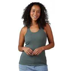 A woman is wearing a dark gray tank top with a scoop neckline and light blue jeans.