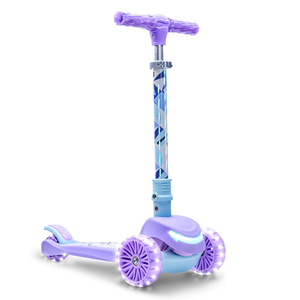 A purple and blue kids' scooter with adjustable handlebars and light-up wheels.