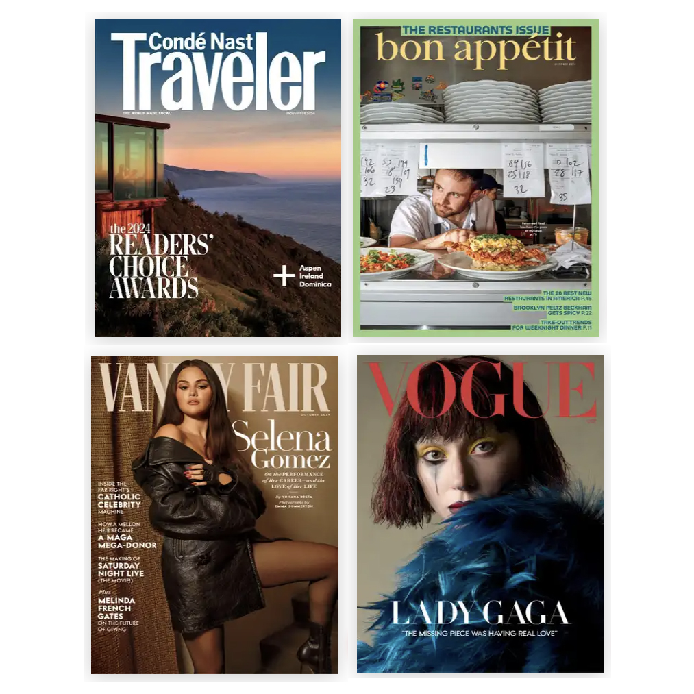 Four magazine covers are displayed: Condé Nast Traveler, Bon Appétit, Vanity Fair with Selena Gomez, and Vogue with Lady Gaga.