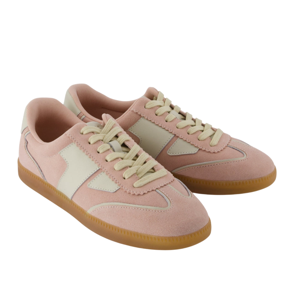 Pink and beige suede sneakers with gum soles, featuring lace-up closure and paneled design.