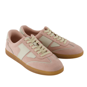 Pink and beige suede sneakers with gum soles, featuring lace-up closure and paneled design.