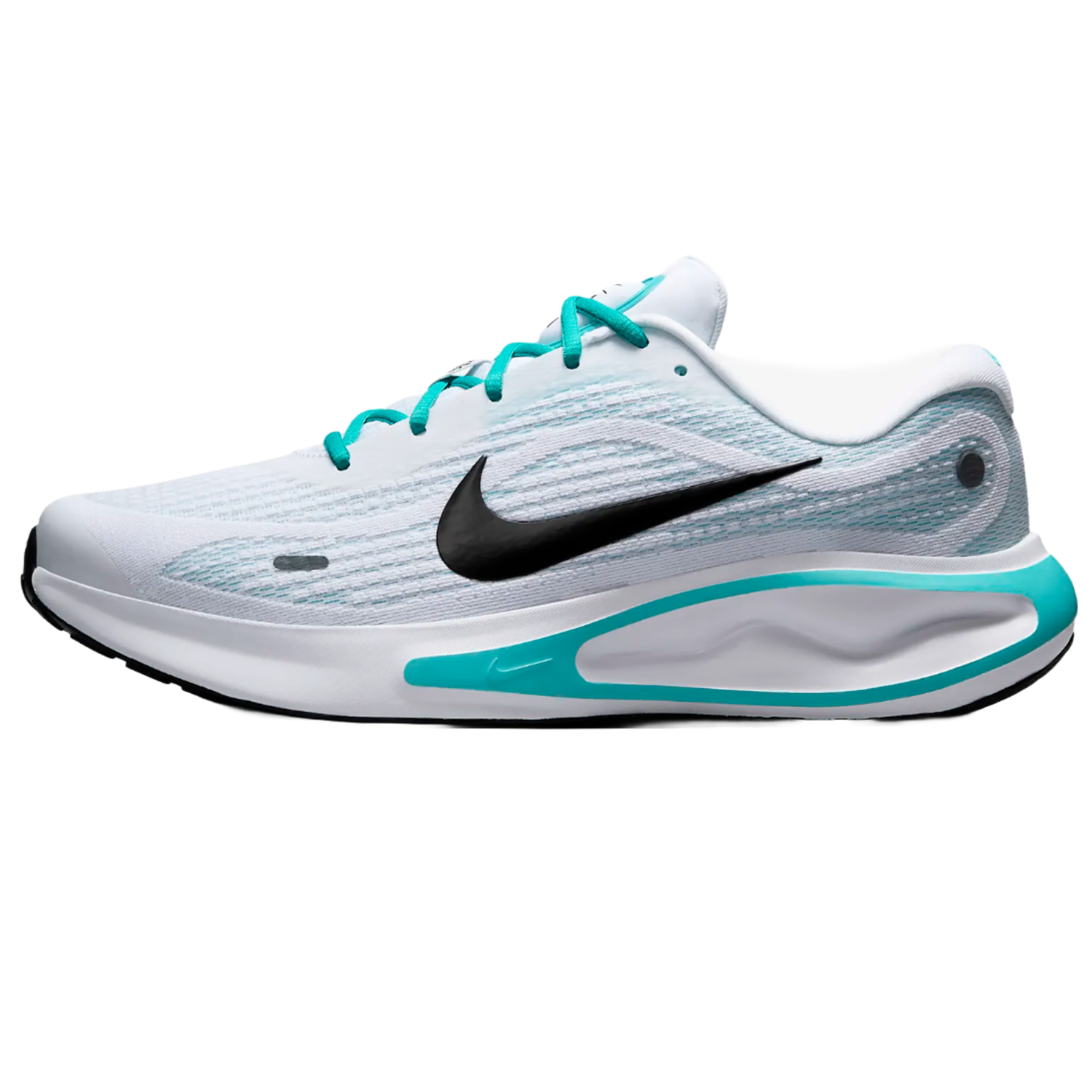 Nike Women's Journey Run Shoes feature a light blue mesh upper with black swoosh detailing, accented by teal laces and a white midsole with teal elements, designed for running comfort and support.
